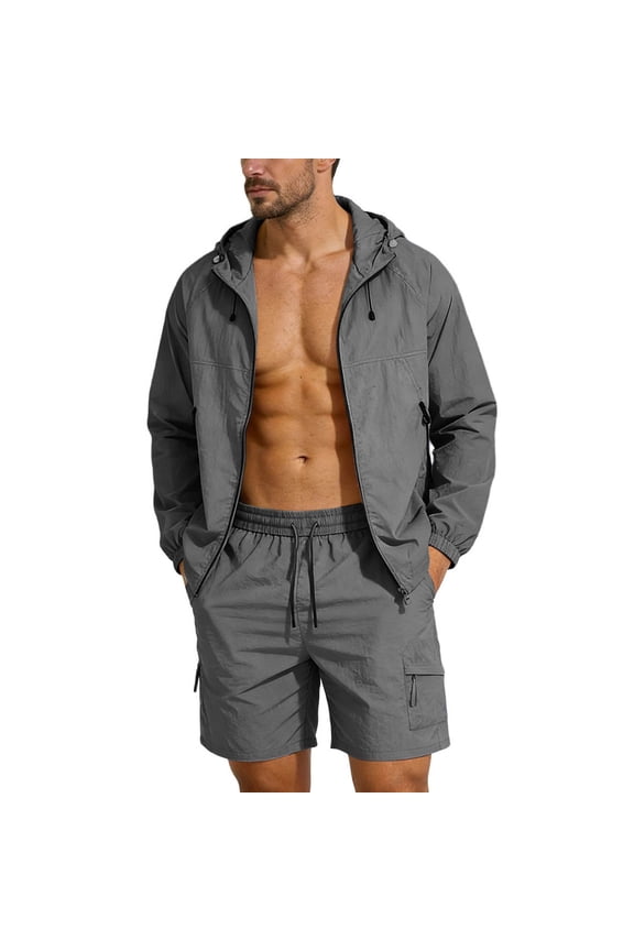 Mens 2 Piece Summer Outfits Ice Silk Sun Protection Zip Up Hooded Jacket and Drawstring Shorts Sets Tracksuits Activewear
