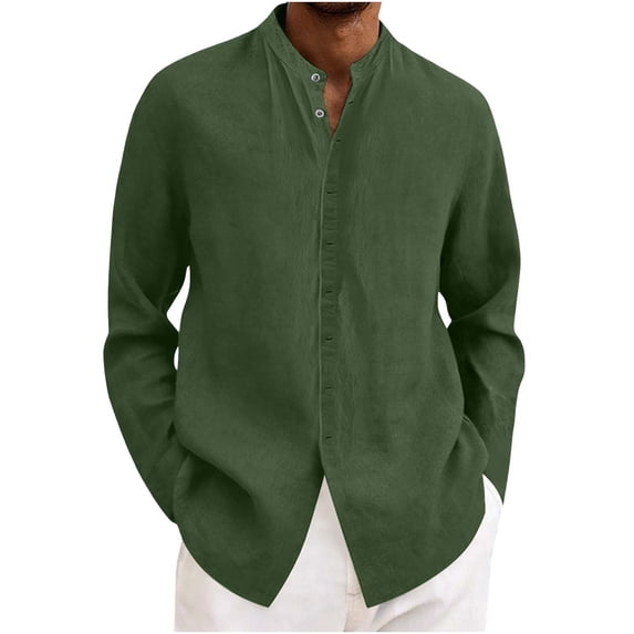 FAHXNVB Mens Cotton Linen Button Down T Shirts Band Collar Long Sleeve Breathable Tees Tops Lightweight Summer Shirts