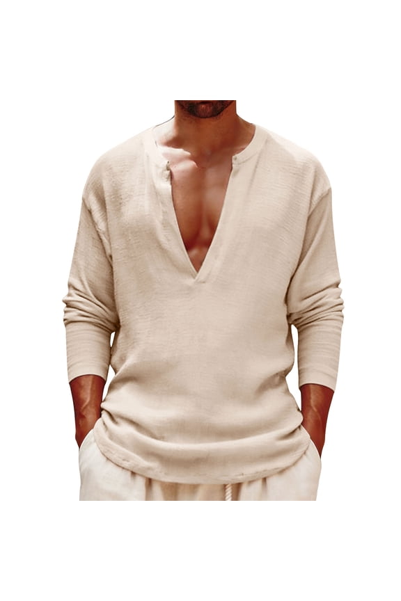Mens Cotton Linen T Shirts Deep V Neck Long Sleeve Loose Fit Tees Tops Summer Casual Lightweight Soft Comfort Fashion Shirts