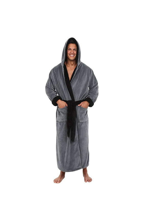 Mens Fleece Plush Robe with Hood Ultra Soft Fluffy Full Length Long Bathrobe with Pockets Solid Color Winter Warm House Coat,XXL,Gray