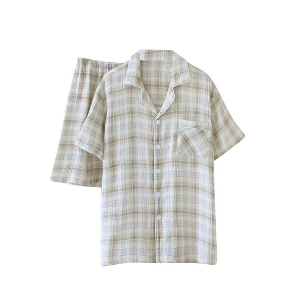 FAHXNVB Mens Pajamas Set Short Sleeve Button Down Plaid Loungewear and Pajama Shorts Set Soft Casual 2Pcs Sleepwear Pj Set with Pockets