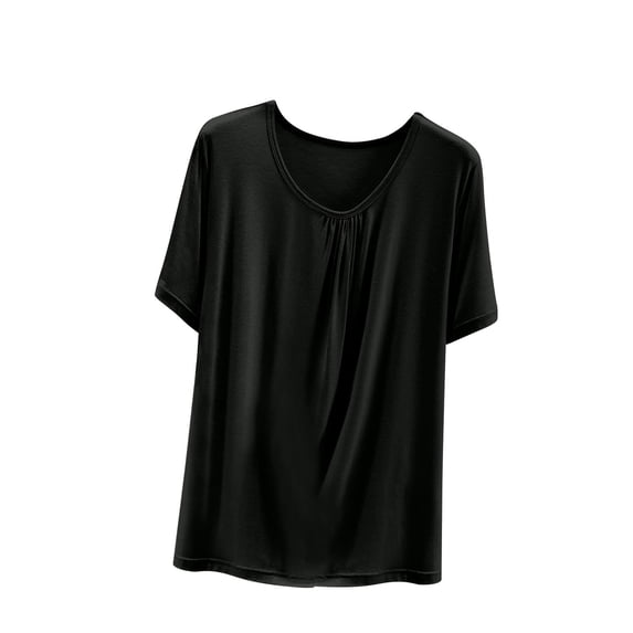 FAHXNVB Pajama Tees for Womens Summer Breathable Short Sleeve Sleep Shirts Solid Color Soft Crewneck Pleated Sleepwear Shirts,L,Black
