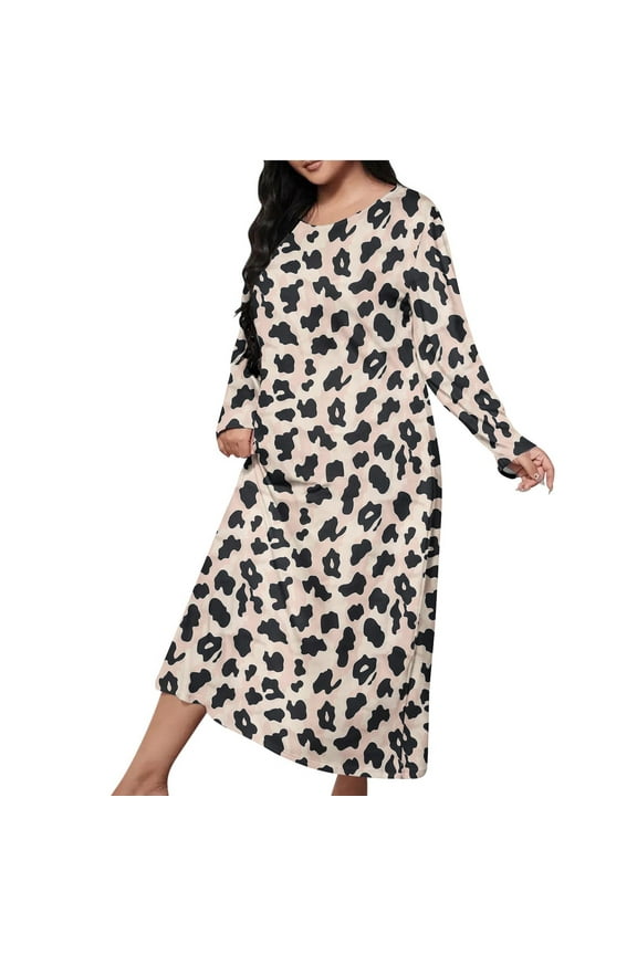 Nightgowns for Women Soft Leopard Print Long Sleeve Crewneck Loose Fit Night Gown Lightweight Casual Long Sleep Dress,XL,Multicolor