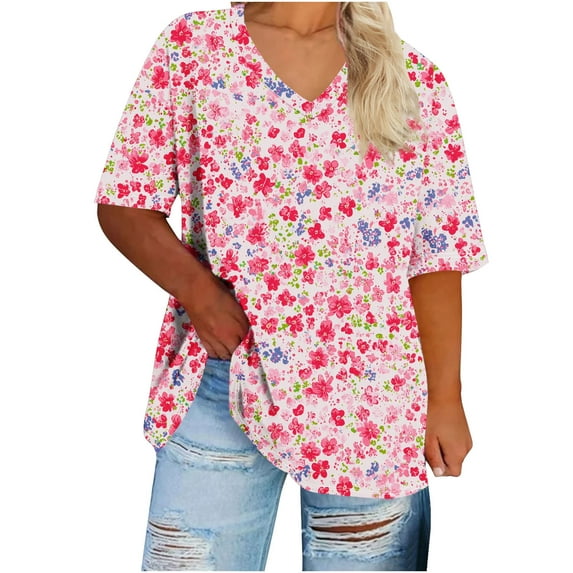FAHXNVB Oversized Tshirts for Women Plus Size V Neck Summer Short Sleeve Casual Loose Tunic Tops Trendy Floral Printed Basic Tees
