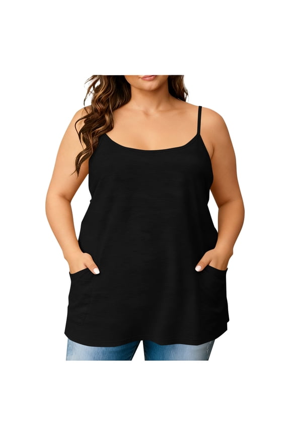 Plus Size Camisole for Women with Pockets Soft Cotton Solid Color Adjustable Spaghetti Strap Tank Top Fashion Casual Undershirts Vest