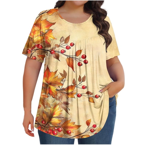 FAHXNVB Plus Size Crewneck T-Shirts for Womens Short Sleeve Floral Print Pleated Tees Tops Spring Summer Fashion Casual Comfortable Shirts