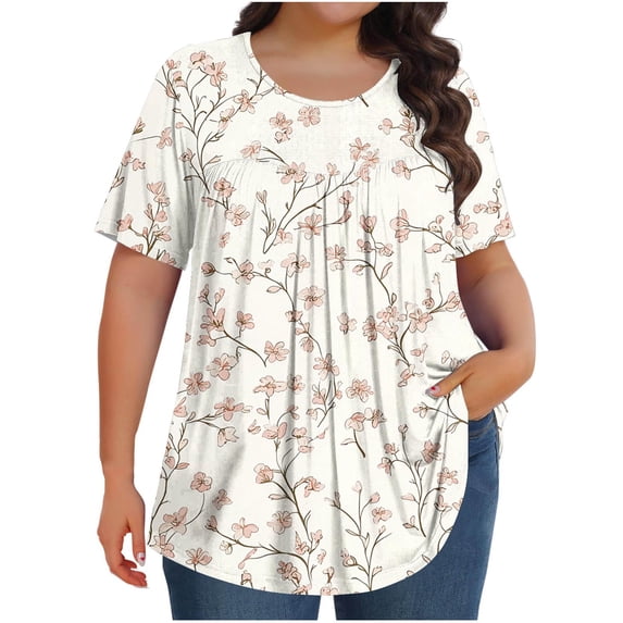 FAHXNVB Plus Size Crewneck T-Shirts for Womens Short Sleeve Floral Print Pleated Tees Tops Spring Summer Fashion Casual Comfortable Shirts