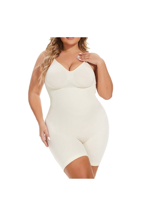 Plus Size Waist Trainer Bodysuit for Women Tummy Control Shapewear Round Neck Seamless Butt Lifter Mid Thigh Body Shaper