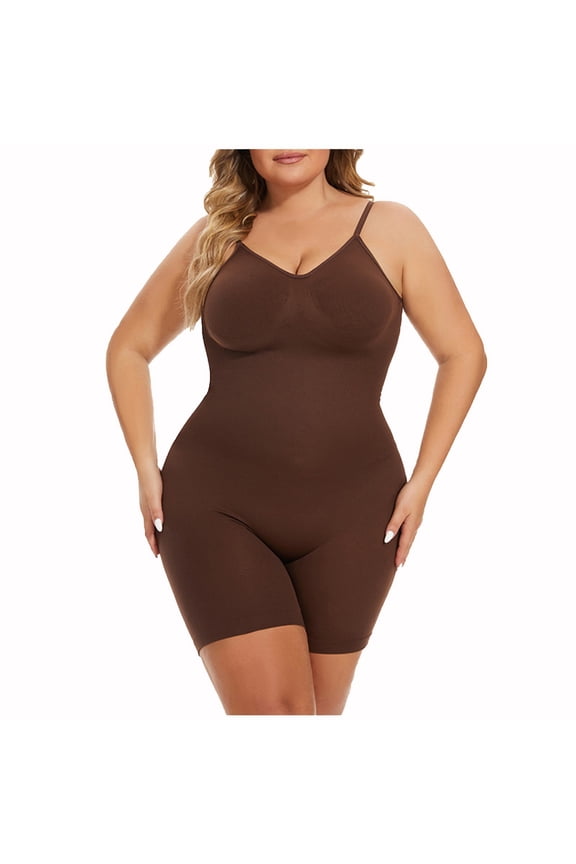 Plus Size Waist Trainer Bodysuit for Women Tummy Control Shapewear Round Neck Seamless Butt Lifter Mid Thigh Body Shaper