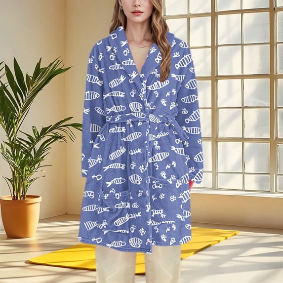 FAHXNVB Plush Fleece Robe for Women Soft Fluffy Flannel Bathrobe Long Sleeve Winter Warm Cozy Spa Robe With Pockets and Belt