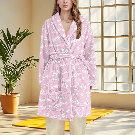 FAHXNVB Plush Fleece Robe for Women Soft Fluffy Flannel Bathrobe Long Sleeve Winter Warm Cozy Spa Robe With Pockets and Belt