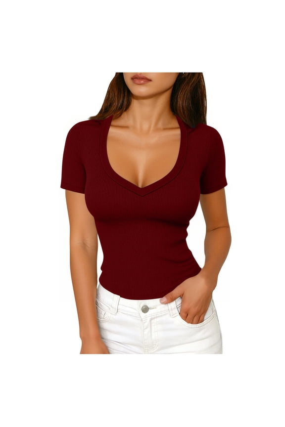 Ribbed Short Sleeve Tops for Women V Neck Solid Color T Shirts Low Cut Fitted Casual Summer Basic Tees,S,Wine