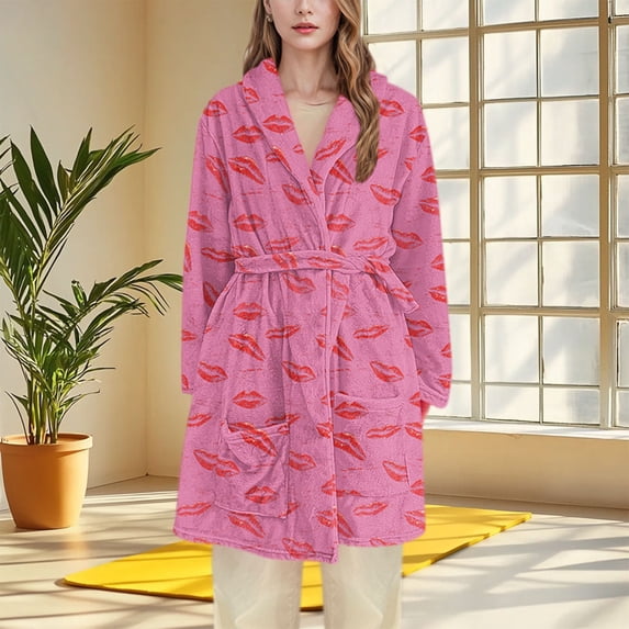 FAHXNVB Robes For Women Winter Warm Fleece Soft Fluffy Flannel Bathrobe Trendy Printed Long Sleeve Plush Cozy Spa Robe With Pockets