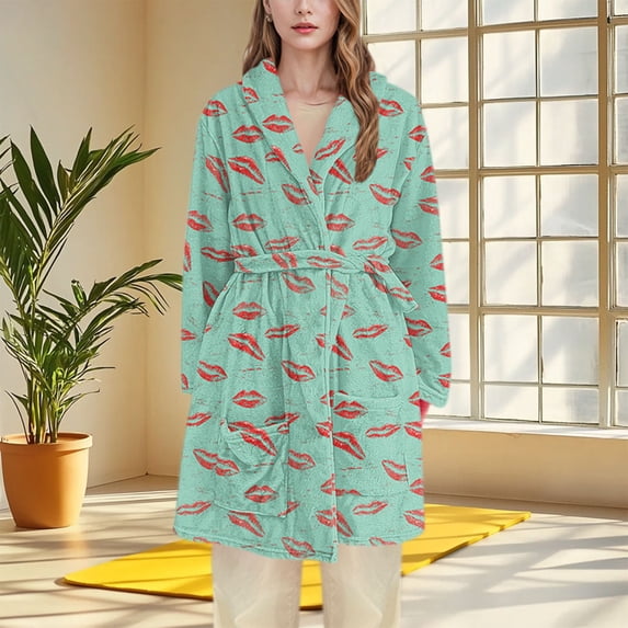 FAHXNVB Robes For Women Winter Warm Fleece Soft Fluffy Flannel Bathrobe Trendy Printed Long Sleeve Plush Cozy Spa Robe With Pockets