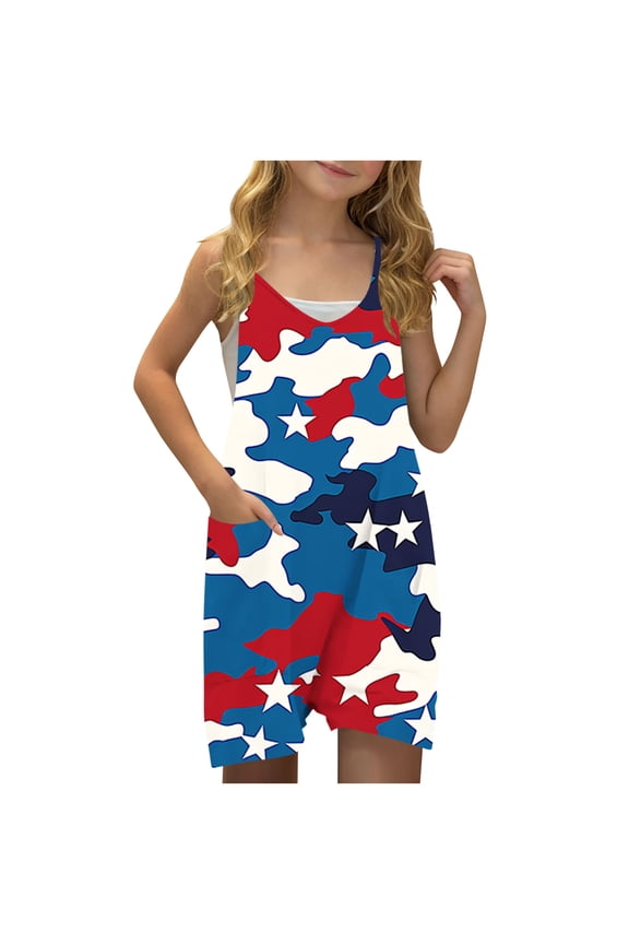 Romper for Girls Tie Dye Sleeveless V Neck Jumpsuit Short Outfits with Pocket Summer One Piece Casual Fashion Clothes 5-14 Years