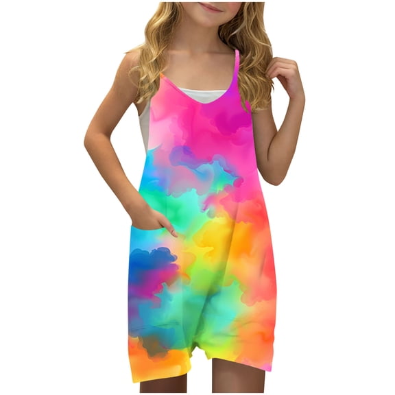 FAHXNVB Romper for Girls Tie Dye Sleeveless V Neck Jumpsuit Short Outfits with Pocket Summer One Piece Casual Fashion Clothes 5-14 Years