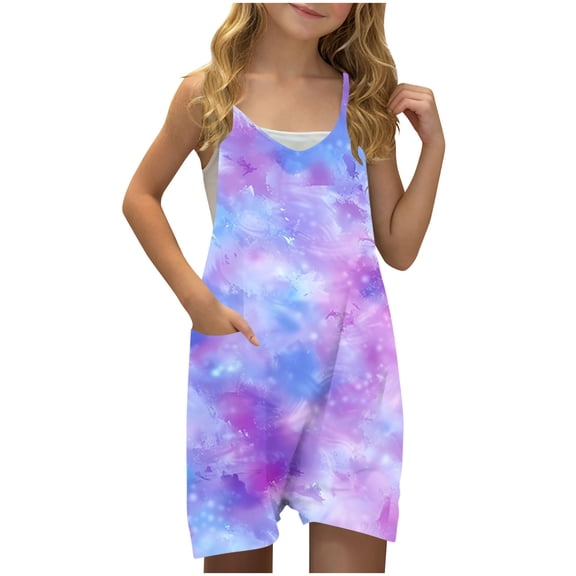 FAHXNVB Romper for Girls Tie Dye Sleeveless V Neck Jumpsuit Short Outfits with Pocket Summer One Piece Casual Fashion Clothes 5-14 Years