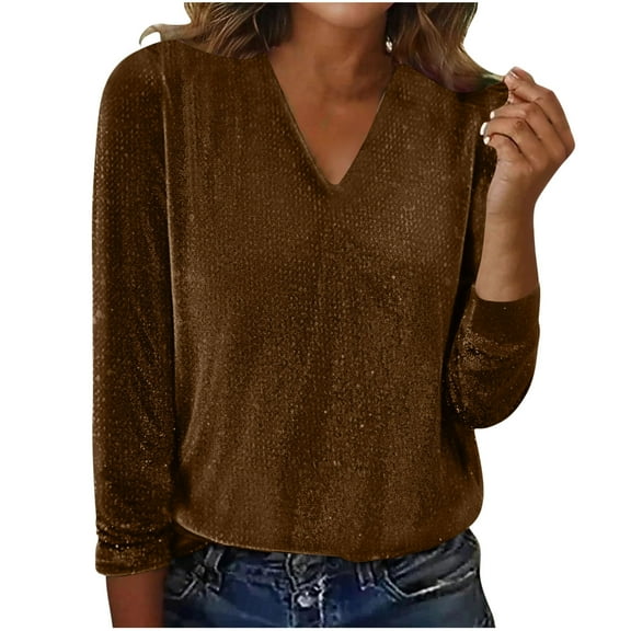 FAHXNVB Sequin Tops for Women Fashion Casual Sparkly V Neck Long Sleeve Shirts Solid Color Holiday Party Sparkle Shimmer Top,XL,Brown