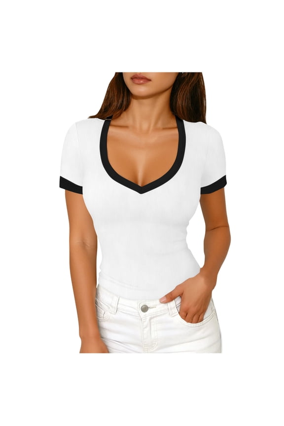 Short Sleeve Tops for Women V Neck Ribbed Knit Color Block T Shirts Low Cut Fitted Casual Summer Basic Tees,XXL,White