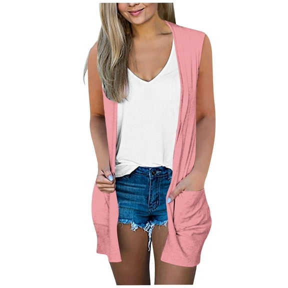 FAHXNVB Sleeveless Long Cardigans for Women with Side Pockets Lightweight Open Front Summer Vest Casual Loose Women's Cardigan Dressy Blazer