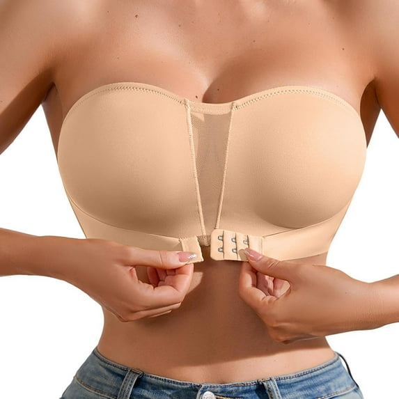 FAHXNVB Strapless Bra for Women Front Closure Non-Slip Padded Bandeau Bras Solid Color Comfortable Wireless Bralettes