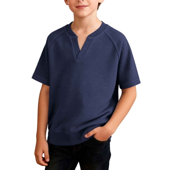 FAHXNVB Summer Waffle Knit T-Shirt for Boys Short Sleeve V Neck Casual Fashion Tees Tops Solid Color Lightweight Shirts 4-14 Years