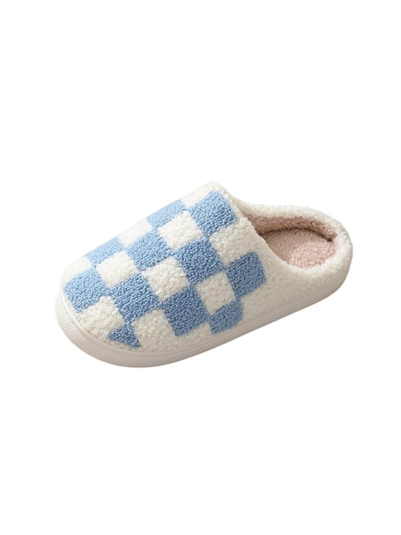 Unisex Plush Scuff Slippers Checkerboard Check Fuzzy Lined Closed Toe House Shoes for Men Women Sole Trendy Warm Slippers