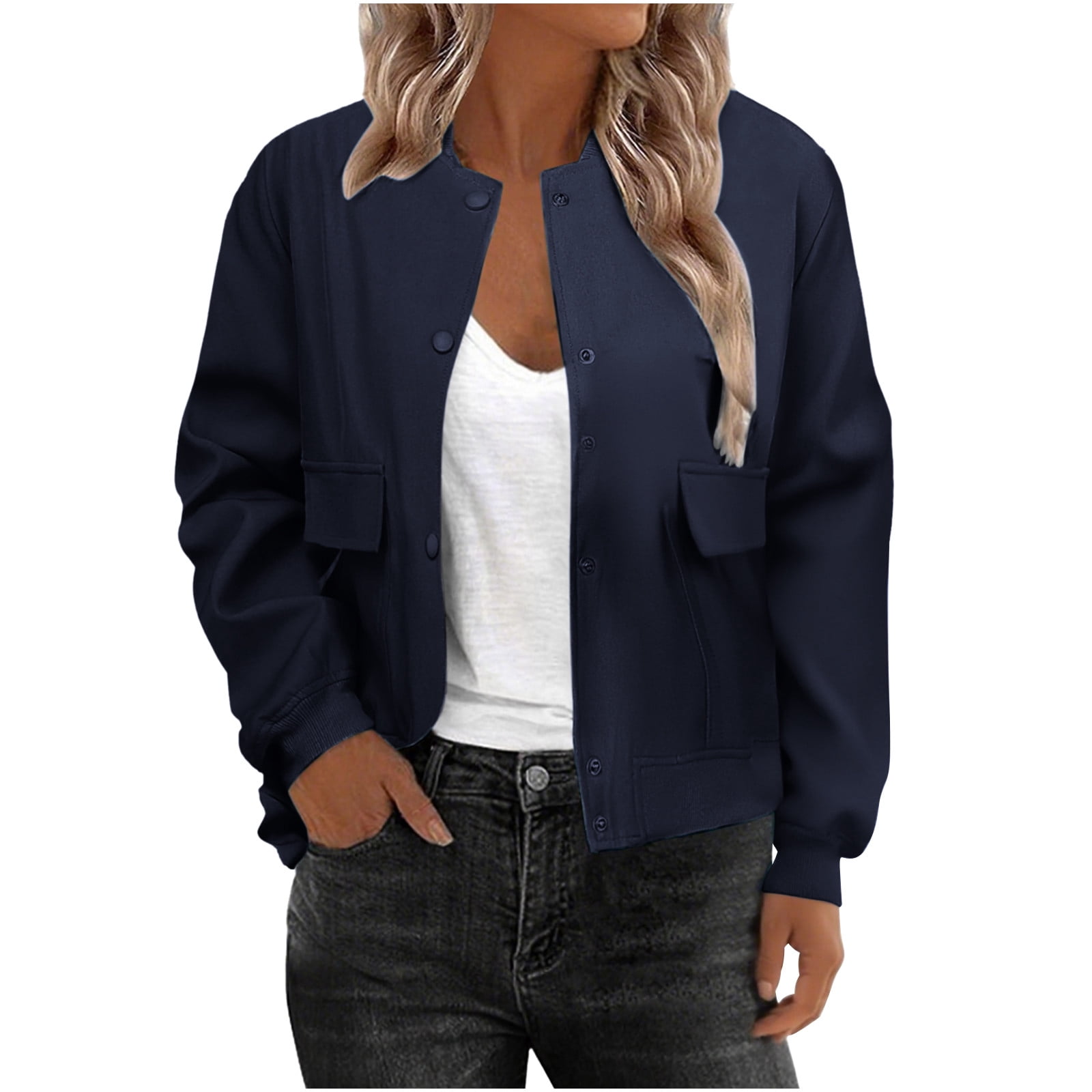 FAHXNVB Women Bomber Jacket Casual Button Down Crewneck Varsity Jackets ...
