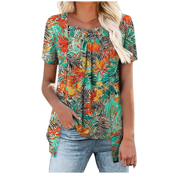 FAHXNVB Women Floral Print Fake Two Piece T Shirts Vintage Short Sleeves Square Neck Casual Shirts Summer Loose Fit Pleated Blouses S-XXL