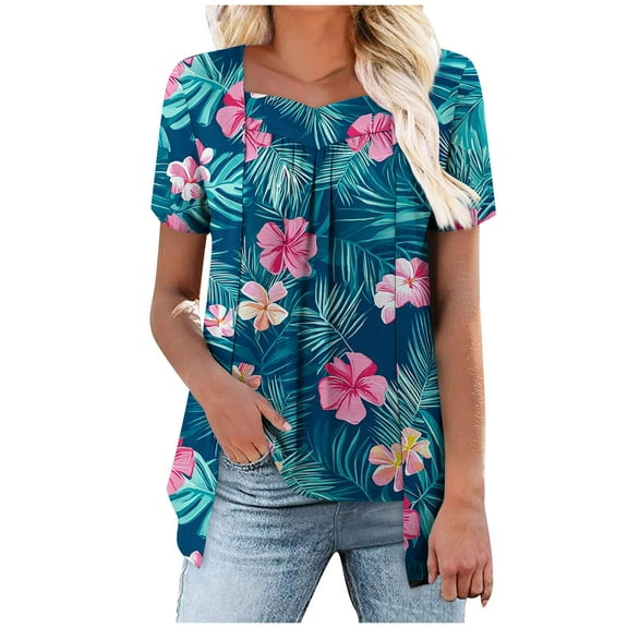 FAHXNVB Women Floral Print Fake Two Piece T Shirts Vintage Short Sleeves Square Neck Casual Shirts Summer Loose Fit Pleated Blouses S-XXL