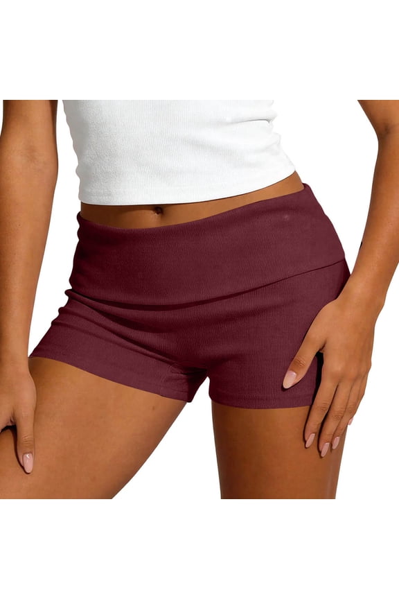 Women Fold Over Shorts Low Waist Stretch Micro Mini Shorts Y2k Trendy Going Out Ribbed Knit Lounge Bottoms Sleepwear,Wine