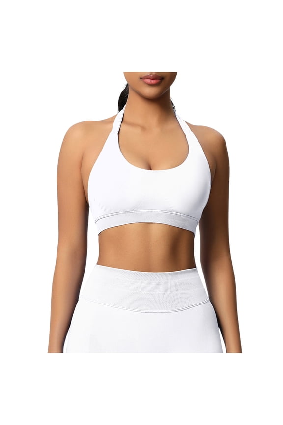 Women Halter Sports Bras Workout Impact Padded Basic Bra Seamless Backless Gym Yoga Crop Tank Top,XXL,White