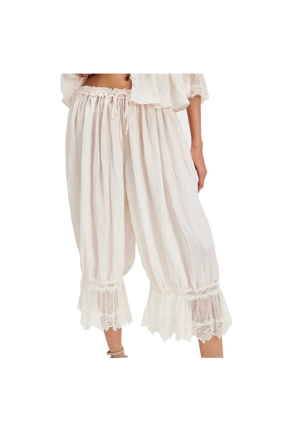 Women Lace Trim Long Bloomers Elastic Waist Ruffle Pantaloons Cropped Flared Slips Pants Solid Color Soft Comfy Capri Pajama Bottoms,M,White