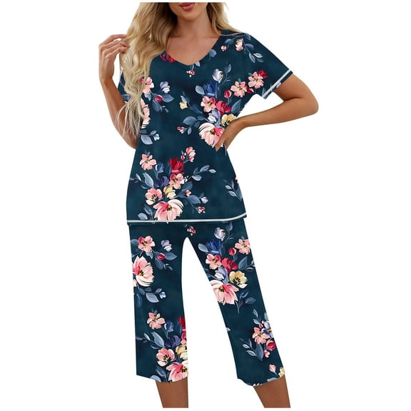FAHXNVB Women Pajama Sets Floral Printed Short Sleeve V Neck Top With Capri Pants Casual Loose 2 Piece Lounge Sleepwear Pj Set