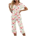 thumbnail image 1 of FAHXNVB Women Pajama Sets Floral Printed Short Sleeve V Neck Top With Capri Pants Casual Loose 2 Piece Lounge Sleepwear Pj Set, 1 of 6