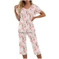 thumbnail image 1 of FAHXNVB Women Pajama Sets Floral Printed Short Sleeve V Neck Top With Capri Pants Casual Loose 2 Piece Lounge Sleepwear Pj Set, 1 of 5
