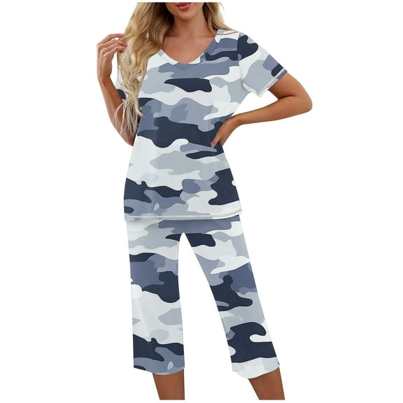 FAHXNVB Women Pajama Sets Floral Printed Short Sleeve V Neck Tops With Capri Pants with Pockets Casual 2 Piece Lounge Sleepwear Pj Sets