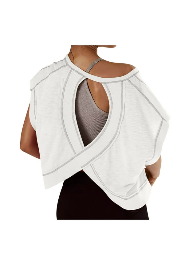 Women Short Sleeve Workout Shirts Open Back Oversized T Shirts Casual Yoga Y2k Athletic Gym Slouchy Crop Running Tees,XXL,White