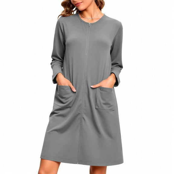 FAHXNVB Women Zipper Robe Crewneck Long Sleeve Loungewear Solid Color Lightweight Fall Winter Housecoat Nightgown with Pockets S-XXL