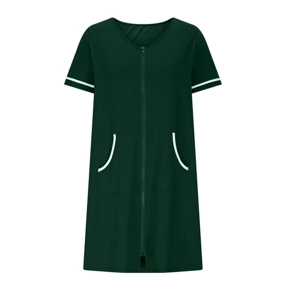 FAHXNVB Women Zipper Robe Short Sleeve Duster Housecoat Short Bathrobes Solid Color Casual Zip Front Nightgown with Pockets S-3XL