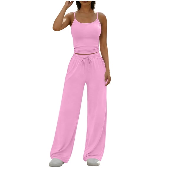 FAHXNVB Women's 2 Piece Outfits Solid Color Spaghetti Strap Crop Tank Top and Wide Leg Pants Set Lightweight Stretchy Summer Sets