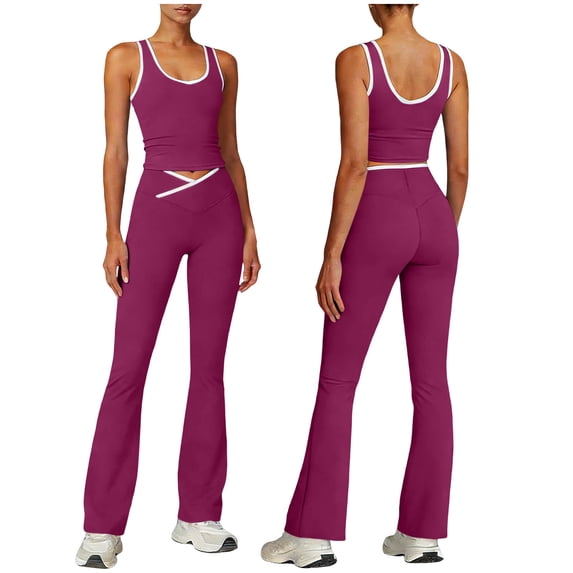 FAHXNVB Women's 2 Piece Workout Outfits Color Block Scoop Neck Crop Tank Top and Flared Leggings Yoga Set Workout Athletic Sets