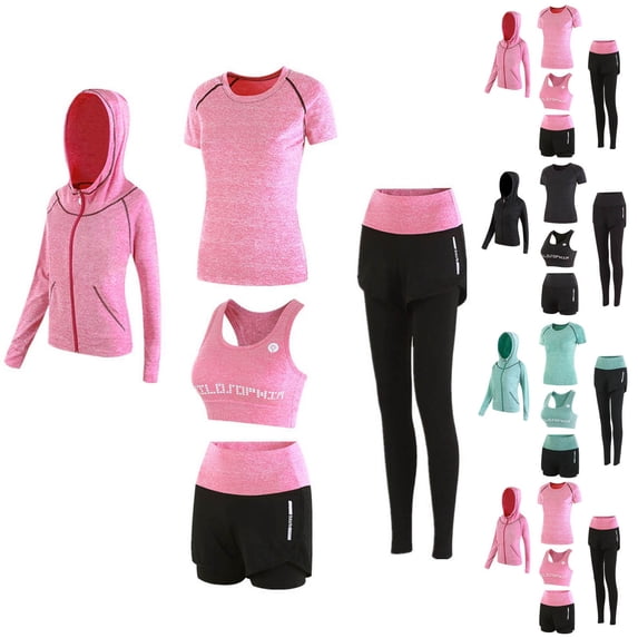 FAHXNVB Women's 5-Piece Athletic Sets Quick Dry Sport Yoga Gym Suits Summer Fashion Fitness Exercise Workout Jogging Tracksuits