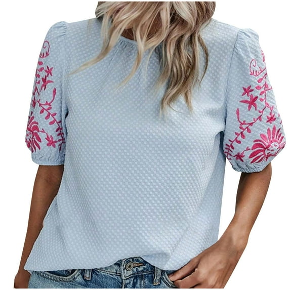 FAHXNVB Women's Boho Embroidered Tops Summer Short Sleeve Beach Vacation Shirts Casual Bohemian Loose Tunic Blouses 2025