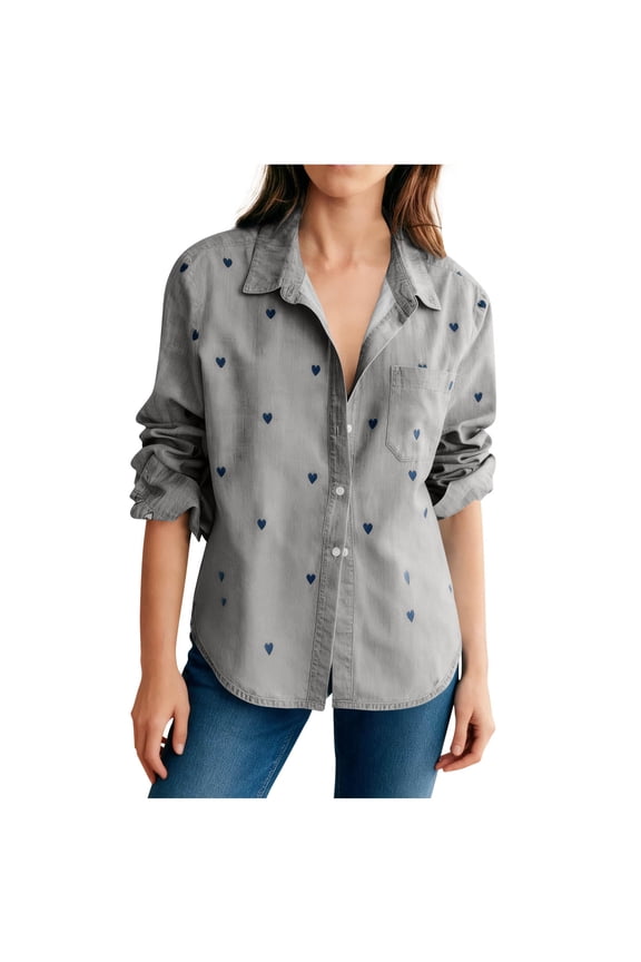 Women's Button Down T Shirts Heart Print Long Sleeve Collared Casual Tees Tops with Pocket Lightweight Summer Shirts