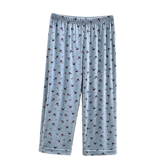 FAHXNVB Women's Capri Pajama Pants Lounge Wide Leg Printed Pj Bottoms Elastic Waist Baggy Cropped Sleep Pants