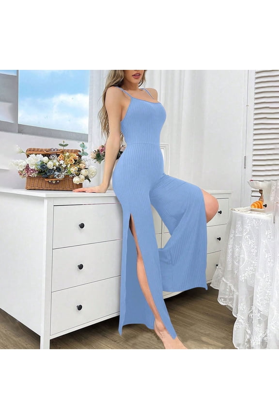 Women's Casual Sleeveless Pajama Jumpsuits Spaghetti Strap Crew Neck Wide Leg Pant Long Pants Rompers Solid Color One Piece Sleepwear