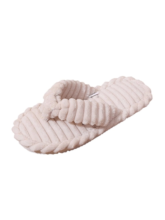 Women's Corduroy Thong Flip Flop Slippers Ribbed Plush Toe Post Soft Cushioned Home Slides Warm Casual Footwear for Winter