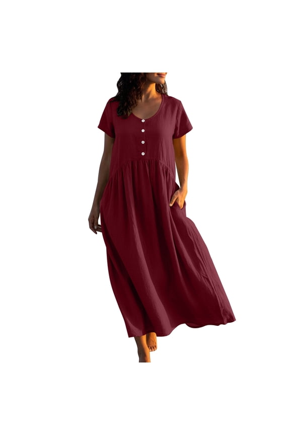 Women's Cotton Linen Short Sleeve Maxi Dress Scoop Neck Button Front Pleated Loose Fit Dress Lightweight Solid Color Summer Vacation Beach Dresses