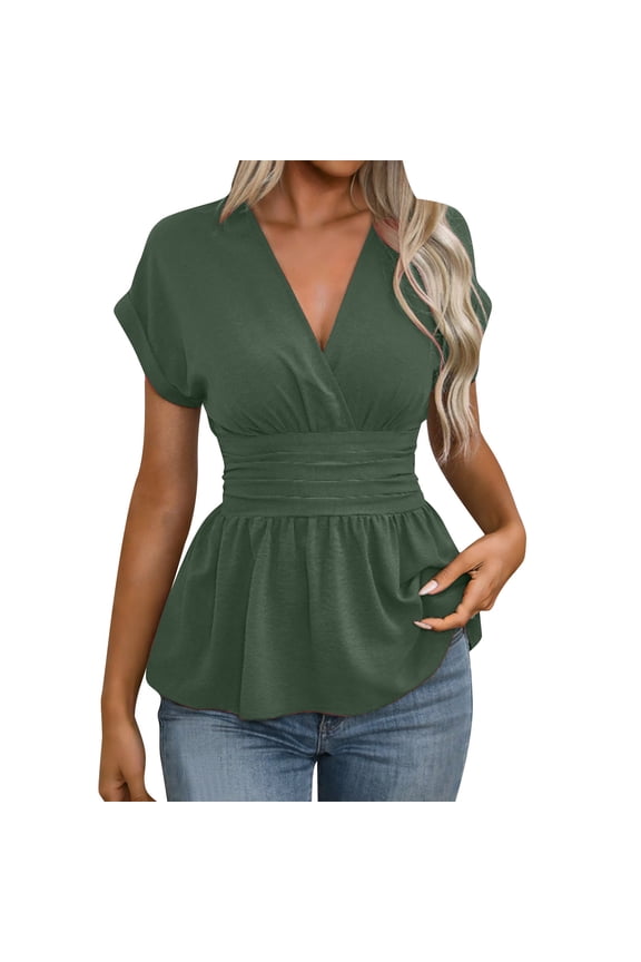 Women's Elegant Wrap V Neck Peplum Tops Short Sleeve Stretchy Smocked Waist Shirts Blouses Shirts Summer Tunic Tops,L,Green